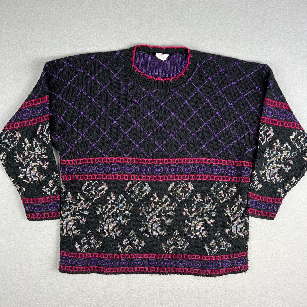 VTG Centennial Knits Sweater Fits Large Arcylic USA 90s‎ Black Purple Patterned
